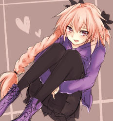Rule 34 | 1boy, :3, :d, ankle boots, astolfo (fate), astolfo (memories at trifas) (fate), black bow, black pantyhose, black skirt, blush, boots, bow, braid, commentary request, cross-laced footwear, fang, fate/apocrypha, fate/grand order, fate (series), grey background, hair between eyes, hair bow, heart, highres, hood, hood down, hooded jacket, hugging own legs, jacket, knees together feet apart, knees up, lace-up boots, long hair, long sleeves, looking at viewer, male focus, miniskirt, official alternate costume, open mouth, pantyhose, pink hair, pleated skirt, purple eyes, purple footwear, purple jacket, simple background, single braid, sketch, skirt, smile, solo, tanaji, trap