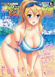 Rule 34 | 1girl, bare shoulders, beach, bikini, blonde hair, blue eyes, blush, breasts, cleavage, collarbone, comic penguin club, cover, cygnus (cygnus7), day, eyewear on head, glasses, hair ornament, hairclip, jewelry, large breasts, long hair, magazine cover, necklace, ocean, outdoors, ponytail, scan, sky, solo, sweat, sweatdrop, swimsuit