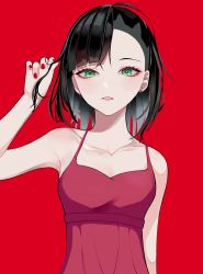 Rule 34 | 1girl, arm up, asymmetrical bangs, bare shoulders, black hair, breasts, clea (geee13), collarbone, creatures (company), dress, ear piercing, eyelashes, game freak, green eyes, hair down, highres, lips, looking at viewer, marnie (pokemon), nail polish, nintendo, parted lips, piercing, pink dress, pokemon, pokemon swsh, red background, red nails, short hair, simple background, solo, spaghetti strap, tor (torkrub111), undercut, upper body