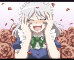 Rule 34 | 1girl, ^ ^, anime coloring, blush, bow, braid, closed eyes, floral background, flower, gradient background, hair bow, hands on own face, izayoi sakuya, letterboxed, maid headdress, nitoni, open mouth, petals, red flower, red rose, ribbon, rose, short hair, silver hair, solo, touhou, twin braids, upper body, vest