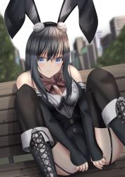 Rule 34 | 1girl, animal ear fluff, animal ears, araishi maro, arms between legs, bad id, bad pixiv id, bench, black hair, black thighhighs, blue eyes, blurry, blurry background, boots, breasts, building, closed mouth, commentary request, cross-laced footwear, dot nose, elbow gloves, fake animal ears, feet out of frame, fingerless gloves, garter straps, gloves, hair between eyes, highres, knee boots, leotard, long hair, looking at viewer, m legs, original, outdoors, playboy bunny, shadow, sitting, slouching, solo, spread legs, thighhighs, thighs, tree, wooden bench