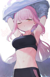 Rule 34 | 1girl, armpits, arms up, black sports bra, blue archive, blush, breasts, feathered wings, halo, highres, large breasts, long hair, low wings, mika (blue archive), navel, one eye closed, pink hair, signalviolet, solo, sports bra, stomach, sweat, undressing, white wings, wings, yellow eyes