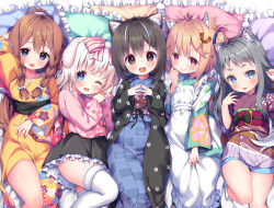 Rule 34 | 5girls, :d, ;d, absurdres, animal ear fluff, animal ears, apron, arm up, asa no ha (awayuki), bed sheet, black hair, black skirt, blue eyes, blue kimono, blush, bone hair ornament, bow, braid, brown eyes, brown hair, brown kimono, cartoon bone, cat ears, checkered clothes, checkered kimono, copyright request, floral print, frilled apron, frilled pillow, frilled skirt, frills, fur-trimmed legwear, fur trim, green kimono, grey eyes, grey hair, hair between eyes, hair bow, hair ornament, highres, japanese clothes, kimono, long hair, long sleeves, looking at viewer, lying, maid, maid apron, multicolored hair, multiple girls, obi, on back, one eye closed, open clothes, open mouth, pillow, pink bow, pink kimono, pleated skirt, print kimono, red eyes, sash, short hair, skirt, sleeves past wrists, smile, steepled fingers, streaked hair, striped, striped bow, teeth, thick eyebrows, twin braids, upper teeth only, very long hair, wa maid, white apron, white hair, white legwear, wide sleeves, yellow kimono