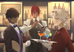Rule 34 | 3boys, a ching, alternate costume, arjuna (fate), ashwatthama (fate), bar (place), bartender, bishounen, black eyes, black hair, blue bow, blue bowtie, bottle, bow, bowtie, cocktail, cocktail shaker, cup, dark skin, drinking glass, earrings, fate/grand order, fate (series), gloves, green eyes, grin, hair between eyes, holding, holding tray, indoors, jewelry, karna (fate), looking at viewer, male focus, messy hair, multiple boys, red hair, smile, tray, white gloves, white hair, yellow eyes