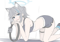 Rule 34 | 1girl, all fours, animal ear fluff, animal ears, bare arms, blue archive, blue eyes, blush, commentary, cross hair ornament, elbow rest, english commentary, extra ears, from side, grey hair, hair ornament, halo, looking at viewer, low ponytail, masabodo, medium hair, mismatched pupils, nose blush, open mouth, ring-con, shiroko (blue archive), shoes, short shorts, shorts, solo, sports bra, sweat, wolf ears