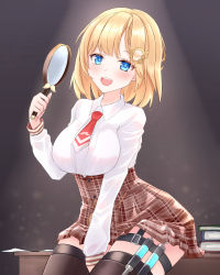 Rule 34 | 1girl, :d, between legs, black thighhighs, blonde hair, blue eyes, blush, book, book stack, breasts, brown skirt, desk, dress shirt, hair ornament, hand between legs, heckler kai, highres, hololive, hololive english, holster, injection, large breasts, light particles, long hair, looking at viewer, magnifying glass, medium hair, monocle, necktie, open mouth, plaid, plaid skirt, pocket watch, red neckwear, shirt, shirt tucked in, sitting, skirt, smile, spotlight, teeth, thigh holster, thigh strap, thighhighs, upper teeth only, virtual youtuber, watch, watson amelia, watson amelia (1st costume)