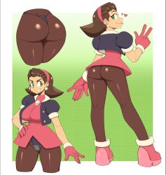 Rule 34 | 1girl, ass, ass focus, boots, breasts, brown hair, capcom, dimples of venus, flipped hair, from behind, gloves, green eyes, grin, hairband, huge ass, jacket, looking at viewer, looking back, mega man (series), mega man legends (series), mossy, naughty face, pantyhose, shiny clothes, smile, solo, thong, thong under pantyhose, tron bonne (mega man)