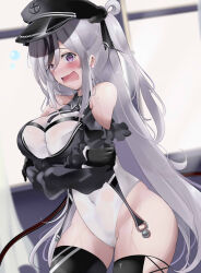Rule 34 | 1girl, @ @, armband, azur lane, black corset, black headwear, boots, clothing cutout, corset, cowboy shot, cross, crossed arms, dress, elbe (azur lane), embarrassed, fang, frilled dress, frills, grey hair, hat, highres, indoors, iron cross, layered dress, leotard, long hair, multicolored hair, peaked cap, purple eyes, red armband, shoulder cutout, skin fang, streaked hair, thigh boots, tonchinkan, two side up, underboob cutout, wavy hair, white leotard, window