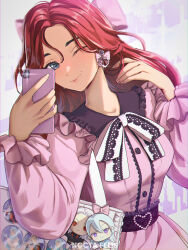 Rule 34 | 1girl, bag, bow, cellphone, closed mouth, commentary, dress, earrings, frills, grey eyes, hair bow, hair intakes, hands up, heart, heart earrings, highres, holding, holding phone, jewelry, long hair, long sleeves, mole, mole above mouth, nocta felis, one eye closed, original, phone, pink bow, pink dress, red hair, shoulder bag, smartphone, smile, solo, upper body