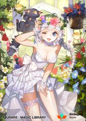 Rule 34 | 1girl, ;d, blue eyes, blue flower, bow, braid, braided ponytail, breasts, bridal garter, cat, cleavage, cowboy shot, dress, earrings, fang, floating hair, flower, hair flower, hair ornament, hand on lap, jewelry, leaning forward, long hair, looking at viewer, medium breasts, miu (qurare), one eye closed, open mouth, pink flower, qurare magic library, short dress, silver hair, single braid, sleeveless, sleeveless dress, smile, solo, standing, strapless, strapless dress, very long hair, wedding dress, white bow, white dress, white flower, whoisshe, wrist cuffs