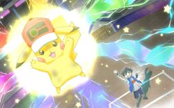 Rule 34 | 1boy, :d, antenna hair, arm up, ash ketchum, baseball cap, black gloves, black hair, blue jacket, clenched hands, clothed pokemon, commentary, creatures (company), dynamax band, electricity, fingerless gloves, game freak, gen 1 pokemon, gloves, hat, highres, jacket, male focus, minato (mntnm), nintendo, open mouth, pikachu, pokemon, pokemon (anime), pokemon journeys, shirt, shoes, short hair, short sleeves, shorts, sleeveless, sleeveless jacket, smile, sneakers, stadium, standing, star (symbol), t-shirt, teeth, upper teeth only