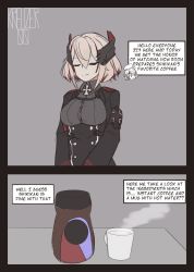 Rule 34 | 2girls, armband, artist name, azur lane, blonde hair, breasts, buttons, closed eyes, coffee maker, coffee mug, collared shirt, comic, commentary, cross, cup, double-breasted, english commentary, english text, grey background, hair between eyes, headgear, highres, iron cross, kreuzer 00, large breasts, long sleeves, mug, multicolored hair, multiple girls, own hands together, roon (azur lane), shirt, short hair, sidelocks, signature, simple background, standing, streaked hair, water, z23 (azur lane)