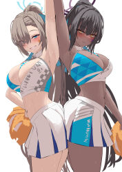 Rule 34 | 2girls, arm up, armpits, ass-to-ass, asuna (blue archive), asymmetrical bangs, bare shoulders, between breasts, black hair, blue archive, blue eyes, blush, breasts, cheering, cheerleader, cleavage, criss-cross halter, crop top, dark-skinned female, dark skin, detached collar, halo, halterneck, highres, holding, holding pom poms, karin (blue archive), large breasts, light brown hair, long bangs, looking at viewer, midriff, millennium cheerleader outfit (blue archive), miniskirt, mole, mole on breast, multiple girls, navel, pleated skirt, pom pom (cheerleading), pom poms, ponytail, presenting armpit, silver bullet (ecc12 8), skirt, smile, sports bra, star sticker, sticker on face, stomach, sweat, two-tone skirt, white background, white skirt, yellow eyes