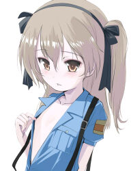 Rule 34 | 1girl, aoshidan school uniform, black ribbon, blue shirt, blush, brown eyes, collared shirt, commentary, flat chest, girls und panzer, hair ribbon, light brown hair, light smile, long hair, looking at viewer, one side up, open clothes, open shirt, opened by self, parted lips, partially unbuttoned, ribbon, school uniform, shimada arisu, shirt, short sleeves, simple background, solo, spanish flag, suspenders, upper body, white background, yurikuta tsukumi