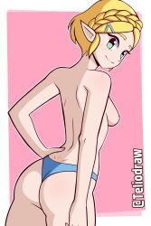 Rule 34 | 1girl, ass, back tattoo, blonde hair, blush, braid, breasts, from behind, green eyes, hair ornament, hairclip, hand on own hip, highres, large breasts, looking at viewer, looking back, nintendo, nipples, pink background, pointy ears, princess zelda, short hair, smile, standing, tattoo, teliodraw, the legend of zelda, the legend of zelda: breath of the wild, topless, triforce, triforce tattoo