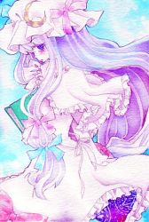 Rule 34 | 1girl, book, bow, colored eyelashes, female focus, frills, looking back, miri, miri (tobira no mukou), painting (medium), patchouli knowledge, pink bow, ribbon, solo, touhou, traditional media, watercolor (medium)