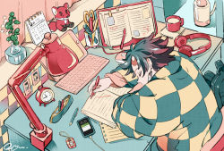 Rule 34 | 0shu 0v0, 1boy, alarm clock, arm pillow, backpack, bag, book, bookmark, calendar (object), cellphone, chair, charm (object), checkered clothes, clock, coat, contemporary, cup, curtains, desk, desk lamp, earrings, eyelashes, flipped hair, from above, green hair, hanten (clothes), head on table, headphones, headphones removed, holding, holding pen, indoors, jewelry, kamado tanjirou, keyboard (computer), kimetsu no yaiba, lamp, long sleeves, male focus, mouse (computer), mug, multicolored hair, notebook, open book, paper, pen, pencil case, phone, photo (object), profile, red hair, saucer, scar, scar on face, scar on forehead, scissors, short hair, sitting, sleeping, solo, stuffed animal, stuffed fox, stuffed toy, tablet pc, tile wall, tiles, two-tone hair, unworn backpack, unworn bag, upper body, vase, windowsill