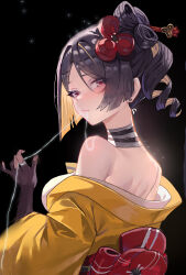 Rule 34 | 1girl, absurdres, bare shoulders, black background, black gloves, blonde hair, brown hair, chiori (genshin impact), choker, drill hair, drill ponytail, duzizai, earrings, from side, genshin impact, gloves, hair ornament, hair stick, highres, japanese clothes, jewelry, kimono, long hair, looking at viewer, looking to the side, mouth hold, multicolored hair, off shoulder, red eyes, ribbon choker, solo, stud earrings, thread, upper body, yellow kimono