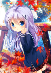 Rule 34 | 1girl, :o, autumn, autumn leaves, bad id, bad pixiv id, blue eyes, blue hair, blue sailor collar, blue shirt, blurry, blurry foreground, blush, bridge, chinomaron, commentary request, day, depth of field, gochuumon wa usagi desu ka?, hair between eyes, hair ornament, hand up, highres, kafuu chino, long hair, long sleeves, looking at viewer, looking to the side, outdoors, parted lips, plaid, plaid skirt, pleated skirt, red skirt, river, rock, sailor collar, shirt, signature, skirt, sleeves past wrists, solo, standing, twitter username, very long hair, water, wooden bridge, x hair ornament