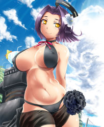 Rule 34 | 10s, 1girl, bare shoulders, bikini, blush, breasts, cameltoe, cleavage, covered erect nipples, curvy, deshima shin, female focus, flower, hair flower, hair ornament, halo, kantai collection, large breasts, mechanical halo, navel, purple hair, sarong, short hair, smile, solo, swimsuit, tatsuta (kancolle), wide hips, yellow eyes