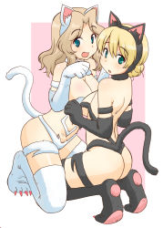 Rule 34 | 2girls, alternate eye color, animal costume, animal ears, animal hands, aqua eyes, armband, ass, back, bare shoulders, black gloves, black legwear, blonde hair, blue eyes, blush, braid, breasts, cat costume, cat day, claws, cleavage, collar, darjeeling (girls und panzer), elbow gloves, fake animal ears, fake tail, girls und panzer, gloves, hair between eyes, kay (girls und panzer), kneeling, legs, looking at viewer, looking back, medium hair, multiple girls, navel, open mouth, paw gloves, paw pose, paw shoes, pawpads, pink background, revealing clothes, short hair, shoulder blades, smile, tail, thigh strap, thighhighs, thighs, uona telepin, white gloves, white legwear