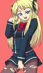 Rule 34 | bad id, bad pixiv id, blonde hair, blue eyes, kasanui, lowres, oekaki, pantyhose, quiz magic academy, ribbon, shalon, skirt, solo, torn clothes, torn pantyhose, twintails, two side up