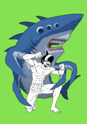 Rule 34 | 1boy, abs, arms up, beam (chainsaw man), black hair, chainsaw man, covered eyes, extra eyes, facing to the side, green background, greyscale with colored background, highres, looking at viewer, muscular, on one knee, open mouth, shark, sharp teeth, short hair, shorts, simple background, solo, teeth, ym yoshiya