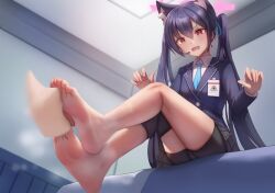 Rule 34 | 1girl, absurdres, animal ears, barefoot, blue archive, cat ears, feet, foot worship, highres, licking, long hair, open mouth, red eyes, serika (blue archive), soles, steam, taichi suzuki, toes, twintails