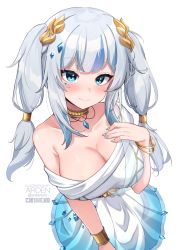 Rule 34 | 1girl, alternate breast size, ardenlolo, blue eyes, blue hair, blush, bracelet, breasts, cleavage, closed mouth, dress, from above, gawr gura, gawr gura (party dress), grey hair, hair ornament, hand on own chest, hand up, hololive, hololive english, jewelry, large breasts, long hair, multicolored hair, nail polish, neck ring, simple background, smile, solo, streaked hair, twintails, virtual youtuber, white background, white dress
