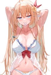 Rule 34 | 1girl, 7gao, ahoge, armpits, arms behind head, arms up, bikini, blonde hair, blue eyes, blush, bow, braid, breasts, cleavage, collarbone, commentary, flower, hair between eyes, hair flower, hair ornament, hair tie in mouth, hairband, halterneck, highres, large breasts, long hair, looking at viewer, midriff, mouth hold, navel, pecorine (princess connect!), pecorine (summer) (princess connect!), princess connect!, red bow, rose, see-through, simple background, smile, solo, stomach, swimsuit, tying hair, upper body, very long hair, white background, white bikini, white hairband, yellow flower, yellow rose