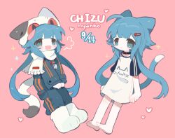 Rule 34 | 1girl, :d, animal ears, animal hat, barefoot, blue eyes, blue hair, blue pants, blunt bangs, blush, blush stickers, boots, cat ears, cat girl, cat hat, cat tail, chibi (chizunyanko), chizunyanko, closed mouth, collar, fang, full body, hair ornament, hairclip, hat, heart, highres, jacket, jumpsuit, long hair, long sleeves, looking at viewer, low twintails, multiple views, name tag, open mouth, original, pants, paw shoes, pink background, scarf, shirt, short sleeves, sidelocks, simple background, smile, sparkle, tail, twintails, very long hair, white footwear, white scarf, white shirt