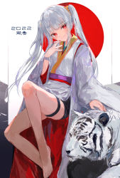Rule 34 | 1girl, absurdres, animal, barefoot, blush, breasts, closed mouth, commentary request, foot out of frame, grey hair, grey kimono, hair between eyes, hand up, highres, ichika (ichika87), japanese clothes, kimono, leg up, long hair, looking at viewer, nail polish, new year, original, red eyes, red nails, sitting, small breasts, smile, solo, thigh strap, tiger, twintails, wide sleeves, wristband