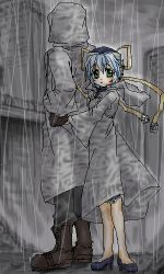 Rule 34 | 00s, 1boy, 1girl, blue hair, grey theme, holding hands, hoshino yumemi, junker, lowres, oekaki, outdoors, planetarian, rain, ribbon, sky