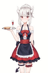 Rule 34 | 1girl, alcohol, alternate costume, apron, bare shoulders, black apron, black dress, blush, bow, breasts, collarbone, cup, demon girl, demon horns, demon tail, dress, drinking glass, enmaided, food, fork, frilled apron, frills, grey hair, helltaker, highres, holding, holding tray, horns, large breasts, looking at viewer, lucifer (helltaker), maid, medium breasts, mole, mole under eye, multiple girls, pancake, ramyun sari, red bow, red dress, red eyes, shirt, simple background, solo, solo focus, tail, tray, white background, white hair, white horns, wine, wine glass