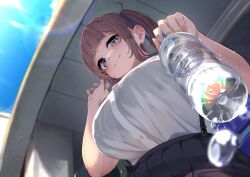 bag blue_eyes blue_ribbon blue_skirt blunt_bangs bottle breasts brown_hair commentary from_below highres holding holding_bottle indoors large_breasts looking_at_viewer ne_an_ito original pleated_skirt ribbon shirt shirt_tucked_in skirt strap two_side_up upper_body water_bottle water_drop white_shirt