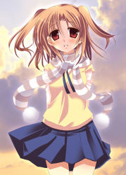 Rule 34 | 00s, 1girl, blue skirt, brown eyes, brown hair, cowboy shot, knave, kujira (knave), looking at viewer, outdoors, pom pom (clothes), red eyes, scarf, skirt, sky, solo, striped clothes, striped scarf, sweater vest, tsukihime, two side up, yumizuka satsuki