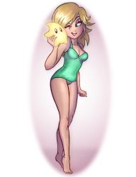 Rule 34 | 1girl, alternate hairstyle, barefoot, blonde hair, blue eyes, cheek-to-cheek, full body, heads together, highres, legs, long hair, luma (mario), mario (series), nintendo, one-piece swimsuit, r3dfive, rosalina, solo, standing, super mario galaxy, swimsuit, toes, transparent background