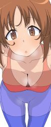 Rule 34 | 1girl, bad id, bad twitter id, breasts, brown eyes, brown hair, cleavage, collarbone, downblouse, girls und panzer, heavy breathing, henyaan (oreizm), highres, large breasts, leaning forward, looking at viewer, nishizumi miho, pants, parted lips, short hair, simple background, solo, sports bra, sweat, white background, yoga pants