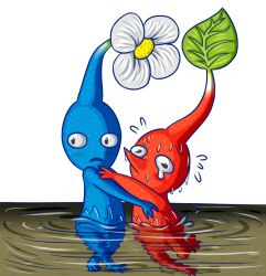 Rule 34 | asphyxiation, black eyes, blue pikmin, blue skin, colored skin, commentary, drowning, english commentary, flower, flying sweatdrops, hug, leaf, light blush, nintendo, no humans, no mouth, partially submerged, pikmin (creature), pikmin (series), red pikmin, red skin, rescue, tearing up, to-lazy-for-username, transparent background, triangle mouth, water, white flower