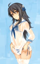 Rule 34 | 1girl, adeltrud walter, ahoge, bikini, black hair, blue background, blue bikini, blue ribbon, breasts, brown eyes, dress, hair ornament, knight&#039;s &amp; magic, knight&#039;s and magic, lace, lace-trimmed legwear, lace trim, long hair, looking at viewer, messy hair, neckerchief, ribbon, sailor dress, see-through, side-tie bikini bottom, sidelocks, simple background, small breasts, smile, solo, standing, swimsuit, thighhighs, tousled hair, udoku (suzucaste), very long hair, white thighhighs