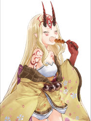 Rule 34 | 1girl, arm tattoo, bead belt, beads, black nails, blonde hair, closed eyes, collarbone, colored skin, dango, facial mark, fang, fate/grand order, fate (series), fingernails, floral print, food, holding, holding food, horns, ibaraki douji (fate), io (io oekaki), japanese clothes, long fingernails, long hair, nail polish, neck tattoo, oni, oni horns, open mouth, pointy ears, red skin, sharp fingernails, simple background, solo, standing, tattoo, third eye, wagashi, white background