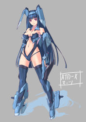 Rule 34 | 1girl, animal ears, ballet boots, bare shoulders, blonde hair, blue hair, breasts, rabbit ears, cleavage, collarbone, elbow gloves, female focus, fingerless gloves, full body, gloves, gluteal fold, grey background, highres, hime cut, legs, long hair, looking at viewer, mecha musume, medium breasts, navel, nenchi, purple eyes, red eyes, revealing clothes, robot ears, serious, shadow, simple background, solo, standing, thighhighs, very long hair