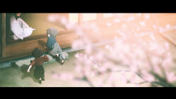 Rule 34 | 3boys, aged down, architecture, arm support, black hair, black hakama, blue kimono, blurry, branch, cherry blossoms, child, clenched hand, climbing, day, depth of field, east asian architecture, facing to the side, from above, from behind, from outside, grey hakama, hakama, head out of frame, highres, japanese clothes, kashuu kiyomitsu, kimono, knee up, long sleeves, male focus, multiple boys, okita souji, on floor, outdoors, ponytail, porch, rawshirasudon, red kimono, running, sandals, sash, shadow, shoe soles, short hair, sitting, smile, spring (season), stairs, touken ranbu, veranda, white kimono, wide sleeves, yamato-no-kami yasusada, zouri