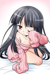 Rule 34 | 1girl, akou roushi, arm support, bare legs, bare shoulders, black hair, blush, bottomless, breasts, brown eyes, female focus, houraisan kaguya, long hair, medium breasts, naked sweater, no pants, one eye closed, ribbed sweater, rubbing eyes, sleepy, sleeves past wrists, solo, sweater, tears, touhou, very long hair, wink
