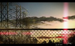 Rule 34 | artist name, chain-link fence, cloud, dated, diffraction spikes, english text, fence, gradient sky, industrial, letterboxed, no humans, original, outdoors, power lines, scenery, signature, sky, sunset, transmission tower, tree, waisshu (sougyokyuu)