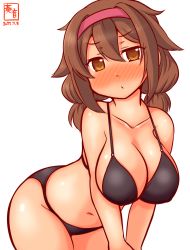 Rule 34 | 1girl, alternate breast size, artist logo, bikini, black bikini, blush, breasts, brown eyes, brown hair, cleavage, collarbone, commentary request, cowboy shot, dated, hair flaps, hairband, kanon (kurogane knights), kantai collection, large breasts, leaning forward, looking at viewer, low twintails, medium hair, nose blush, one-hour drawing challenge, red hairband, shiratsuyu (kancolle), simple background, solo, swimsuit, tan, twintails, white background
