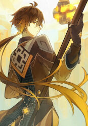 Rule 34 | 1boy, black gloves, brown coat, brown hair, closed mouth, coat, expressionless, floating, genshin impact, gloves, holding, holding polearm, holding weapon, long sleeves, looking at viewer, looking back, male focus, nogi (nokisaki), polearm, short hair with long locks, solo, upper body, weapon, yellow background, yellow eyes, zhongli (genshin impact)