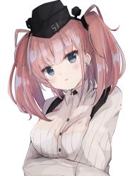 Rule 34 | 1girl, anchor hair ornament, atlanta (kancolle), black hat, blush, bra visible through clothes, breasts, brown hair, dress shirt, earrings, garrison cap, grey eyes, hair ornament, hat, head tilt, highres, jewelry, kantai collection, kayuma, large breasts, long hair, long sleeves, looking at viewer, open mouth, shirt, simple background, solo, star (symbol), star earrings, suspenders, two side up, upper body, white background, white shirt