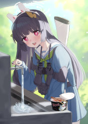 Rule 34 | 1girl, absurdres, bada (jksh5056), black hair, blue archive, blue shirt, blue skirt, blurry, blurry background, blush, commentary request, cup ramen, depth of field, faucet, green neckerchief, halo, headgear, highres, leaf, leaf on head, long hair, long sleeves, looking at viewer, miyu (blue archive), neckerchief, peroro (blue archive), pleated skirt, puffy long sleeves, puffy sleeves, red eyes, sailor collar, school uniform, serafuku, shirt, skirt, sleeves past wrists, solo, tears, teeth, tongue, tongue out, upper teeth only, very long hair, water, wet, white sailor collar