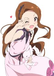 Rule 34 | 1girl, ;d, bare shoulders, blush, brown eyes, brown hair, dress, hairband, heart, highres, holding, holding stuffed toy, idolmaster, idolmaster (classic), long hair, looking at viewer, minase iori, one eye closed, open mouth, pink dress, red eyes, ribbon, simple background, sleeveless, sleeveless dress, smile, solo, stuffed animal, stuffed rabbit, stuffed toy, umanosuke, usa-chan (idolmaster), v, v over eye, white background